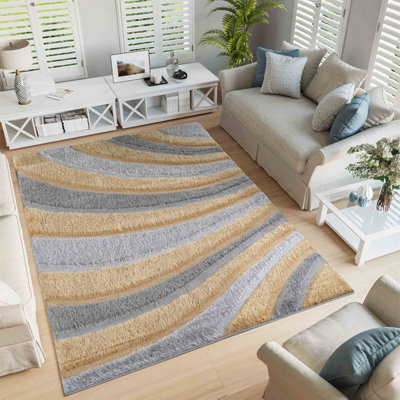 Modern Soft Waves Shimmer Shaggy Area Rugs Ochre 160x230 cm