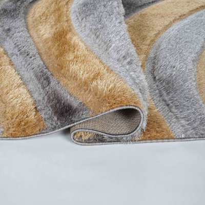 Modern Soft Waves Shimmer Shaggy Area Rugs Ochre 160x230 cm