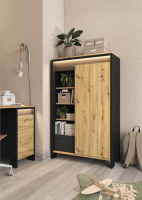 Modern SPOT Highboard Cabinet (H)1410mm (W)870mm (D)380mm - Versatile Storage Solution in Black Matt and Oak Artisan