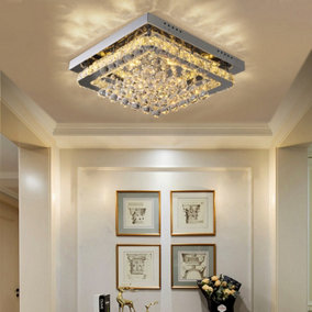 Modern Square Fancy Chrome Crystal LED Flush Mount Ceiling Light Fixture Chandelier 40cm, Dimmable