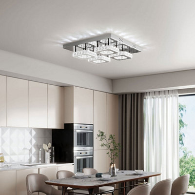 Modern Square Large Chrome effect Crystal Flush LED Ceiling Light Chandelier Cool White