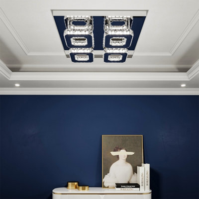Modern Square Large Chrome effect Crystal Flush LED Ceiling Light Chandelier Cool White