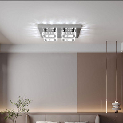 Modern Square Large Chrome effect Crystal Flush LED Ceiling Light Chandelier Cool White