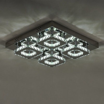 Modern Square Large Chrome effect Crystal Flush LED Ceiling Light Chandelier Cool White