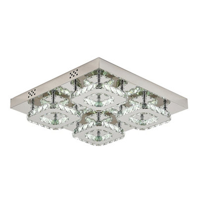 Modern Square Large Chrome effect Crystal Flush LED Ceiling Light Chandelier Cool White