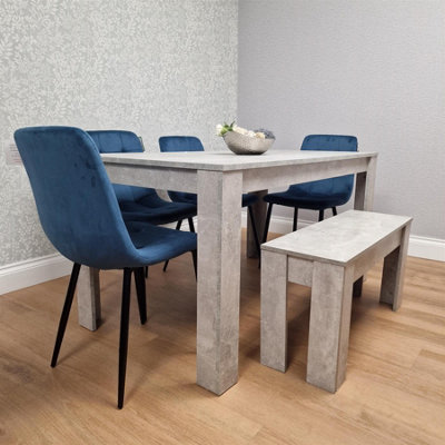 Modern Stone Grey Effect Dining Table Set with Bench and 4 Blue Velvet ...