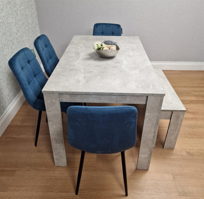 Modern Stone Grey Effect Dining Table Set with Bench and 4 Blue Velvet ...