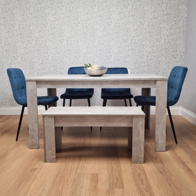 Modern Stone Grey Effect Dining Table Set with Bench and 4 Blue Velvet ...