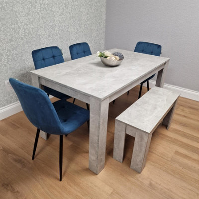Modern Stone Grey Effect Dining Table Set with Bench and 4 Blue Velvet ...