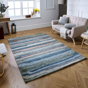 Modern Striped Easy to Clean MultiColoured Wool Rug for Living Room & Bedroom-120cm X 170cm
