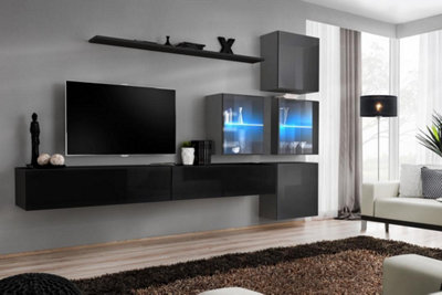 Modern Switch XIX Entertainment Unit H1800mm W2800mm D400mm, Black & Graphite Gloss Finish, For TVs Up To 75"