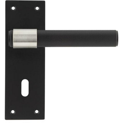 Modern T-Bar Door Handle with Lockplate in Sleek Black Finish - Interior Lever on Backplate
