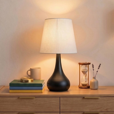 Modern Table Lamp With Fabric Shade, Classic Black Matte Bedroom Bedside Lamp ,16x30cm