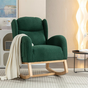 Modern Teddy Fabric Upholstered Rocking Chair Wingback Padded Seat For Living Room Bedroom, Green