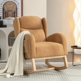 Modern Teddy Fabric Upholstered Rocking Chair Wingback Padded Seat For Living Room Bedroom, Khaki
