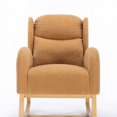 Modern Teddy Fabric Upholstered Rocking Chair Wingback Padded Seat For Living Room Bedroom, Khaki