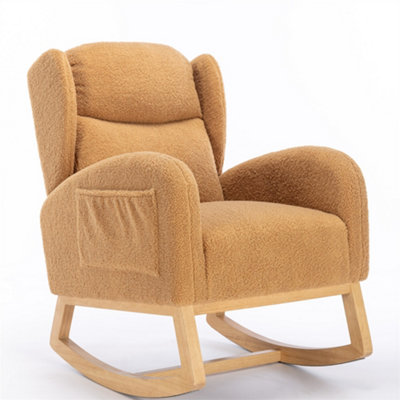 Modern Teddy Fabric Upholstered Rocking Chair Wingback Padded Seat For Living Room Bedroom, Khaki