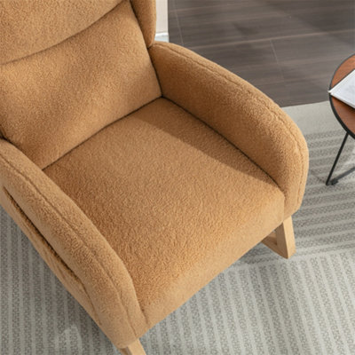 Modern Teddy Fabric Upholstered Rocking Chair Wingback Padded Seat For Living Room Bedroom, Khaki