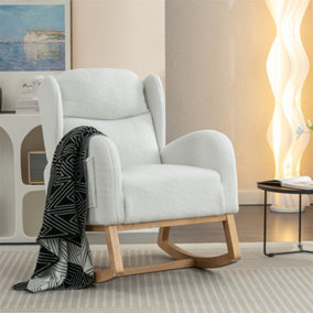 Modern Teddy Fabric Upholstered Rocking Chair Wingback Padded Seat For Living Room Bedroom, White 
