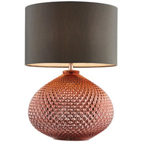 Modern Textured Table Lamp Copper Glass Base & Grey Shade Bedside Feature Light