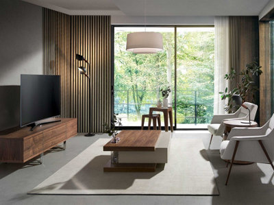 Modern Triangular Corner Table in Tempered Glass and Walnut