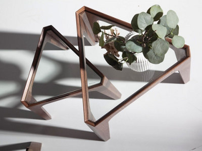 Modern Triangular Corner Table in Tempered Glass and Walnut