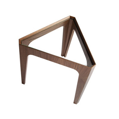 Modern Triangular Corner Table in Tempered Glass and Walnut