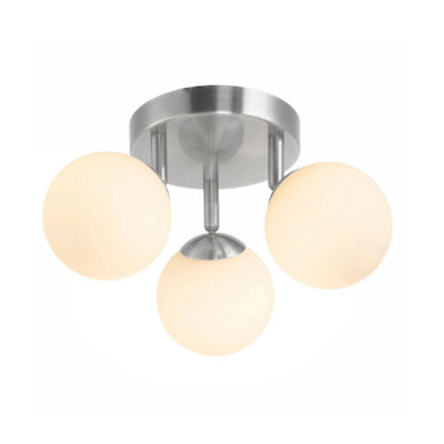 Modern Triple Opal Glass Globe IP44 Rated Bathroom Brushed Chrome Ceiling Light