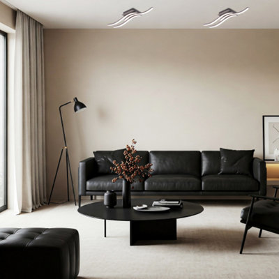 Modern Triple Wavy Strip Flush LED Ceiling Light Fixture in Matte Grey Sand