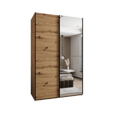 Modern Trosa III Sliding Door Wardrobe H2450mm W1600mm D640mm Mirrored Door, Ten Shelves, Hanging Rail, Oak Artisan