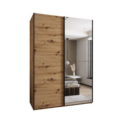 Modern Trosa III Sliding Door Wardrobe H2450mm W1700mm D640mm Mirrored Door, Ten Shelves, Hanging Rail, Oak Artisan