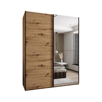 Modern Trosa III Sliding Door Wardrobe H2450mm W1900mm D640mm Mirrored Door, Ten Shelves, Hanging Rail, Oak Artisan