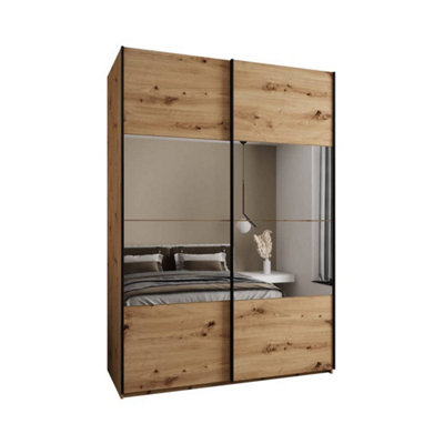 Modern Trosa IV Oak Artisan Sliding Door Wardrobe H2450mm W1700mm D640mm Mirrored Doors, Ten Shelves, Hanging Rail