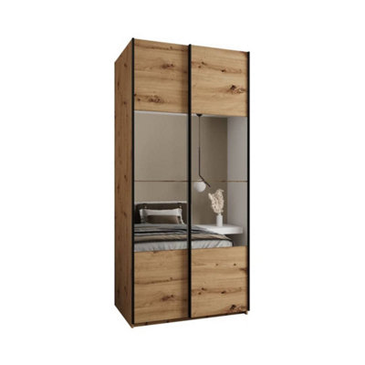 Modern Trosa IV Sliding Door Wardrobe H2450mm W1100mm D640mm Mirrored Doors, Six Shelves, Hanging Rail, Oak Artisan