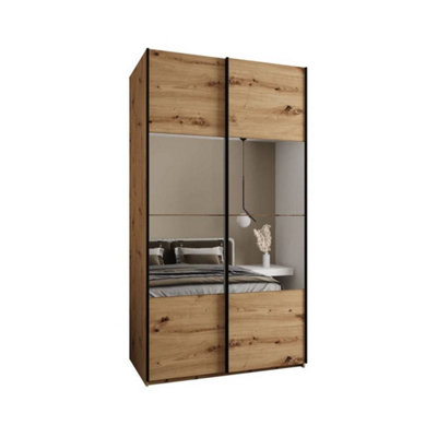 Modern Trosa IV Sliding Door Wardrobe H2450mm W1300mm D640mm Mirrored Doors, Six Shelves, Hanging Rail, Oak Artisan