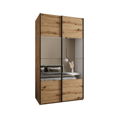 Modern Trosa IV Sliding Door Wardrobe H2450mm W1400mm D640mm Mirrored Doors, Six Shelves, Hanging Rail, Oak Artisan