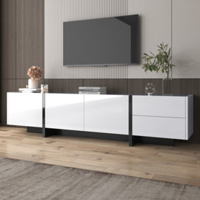 Modern TV cabinet design: stylish elegance, practical storage, high-gloss black, wooden look, glass shelves, LED lighting
