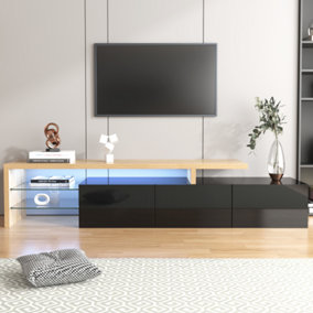 Modern TV cabinet, Stylish and Elegant, Practical Storage, High-gloss Black, Wooden Look, Glass Shelves, LED lighting