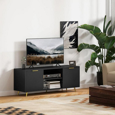 Modern TV Stand Cabinet with Storage 2 Cable Hole for Less than 55 Black