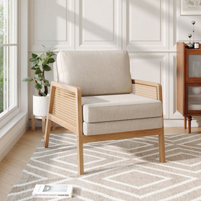 Modern Upholstered Armchair with Wood Frame Rattan Arms Chair in Beige