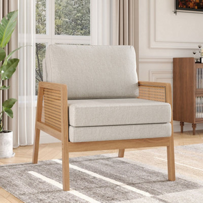 Modern Upholstered Armchair with Wood Frame Rattan Arms Chair in Beige