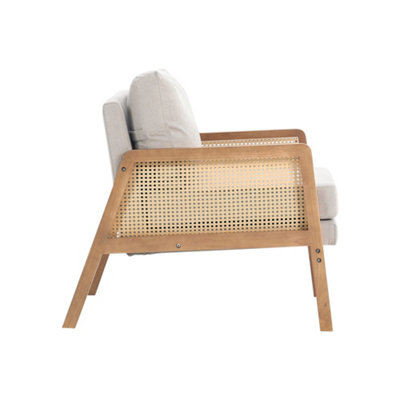 Modern Upholstered Armchair with Wood Frame Rattan Arms Chair in Beige