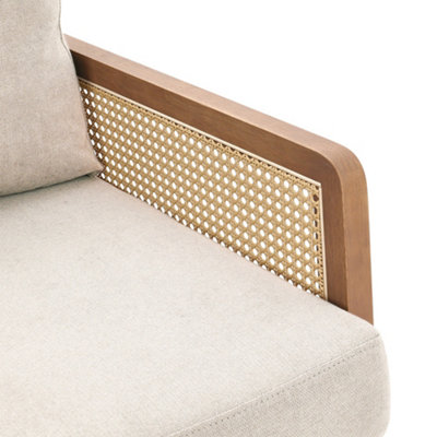 Modern Upholstered Armchair with Wood Frame Rattan Arms Chair in Beige