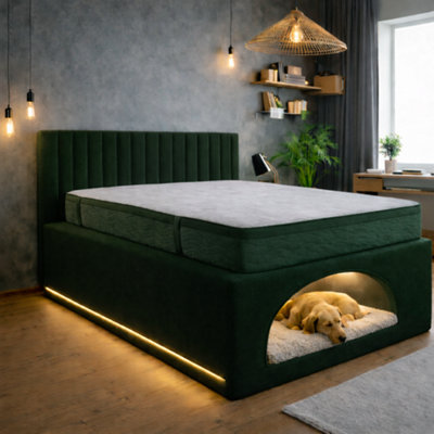 Modern Upholstered Bed Frame with Built-In Dog Bed Pet-Friendly Platform  Bed Queen