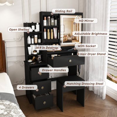 Modern Vanity Dressing Table with LED Mirror, Stool, Power Socket ...