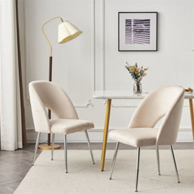 Modern Velvet Set of 2 Dining Chair, Thick Upholstered Kitchen Tub Chair with Loop Backrest and Metal Legs, Beige