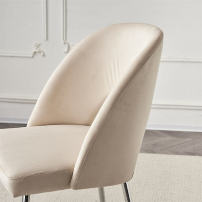 Modern Velvet Set of 2 Dining Chair, Thick Upholstered Kitchen Tub Chair with Loop Backrest and Metal Legs, Beige