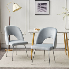 Modern Velvet Set of 2 Dining Chair, Thick Upholstered Kitchen Tub Chair with Loop Backrest and Metal Legs, Light Grey