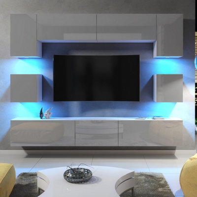 Modern Wall Unit TV Stand Living Room Cupboard - Grey Gloss Doors