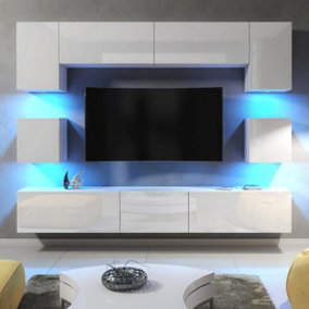 Modern Wall Unit TV Stand Living Room Cupboard - White  Gloss Doors